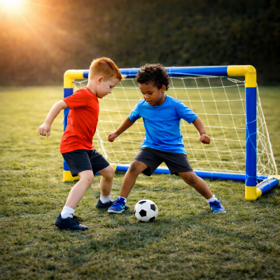 Deux enfants avec une cage de foot  