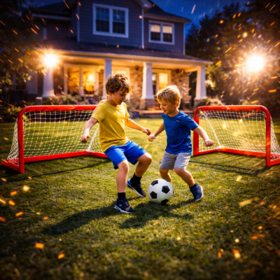 Deux petits jouent avec cage de foot 