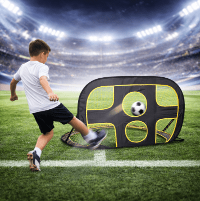 Enfant joue devant  une cage de foot