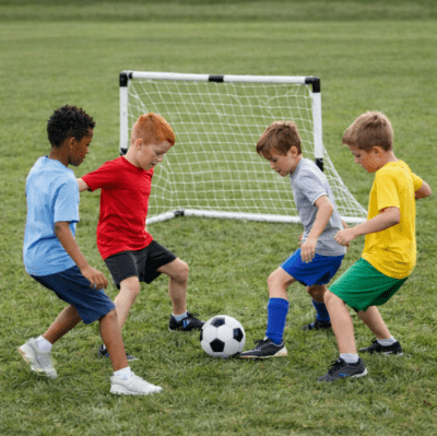 Enfants jouent avec cage de foot 