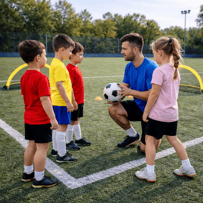Entraineur enseigne enfants devant cage de foot enfant