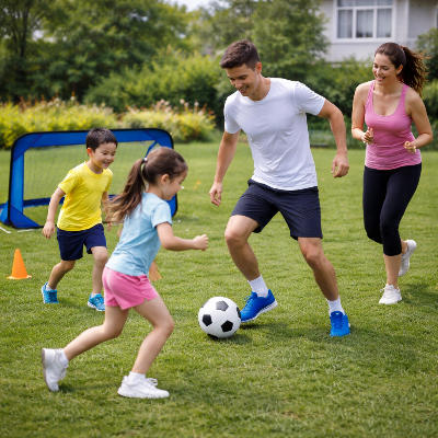 Famille joue avec but football