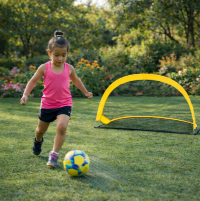 Fille joue devant cage de foot enfant 