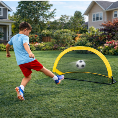 Garçon joue devant cage de foot enfant 