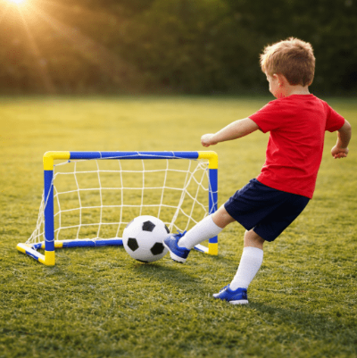 Garçon joue devant cage de foot 