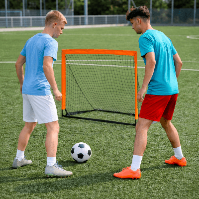Une cage de foot avec deux joueurs 
