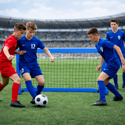 des jeunes jouent au foot avec la cage de foot