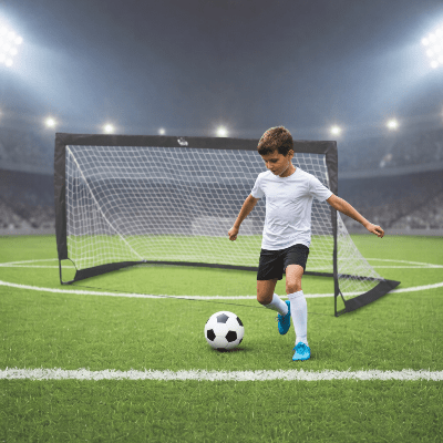 enfant joue avec ballon devant une cage de foot  
