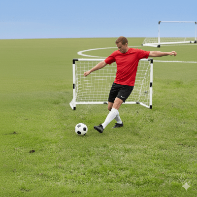 joeur de foot joue avec la cage de foot goalino