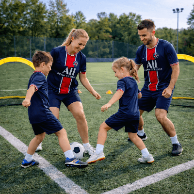 parent et enfants jouent devant cage de foot enfant 